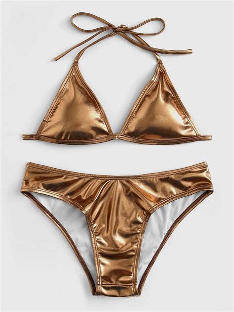 gold metallic triangle halter top swimsuit with bikini bottom bikinis metallic bikini bikini set