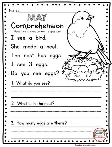 Comprehension Kindergarten Reading May No Prep Workshee Reading