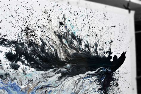 Large Black And White Abstract Painting With Blue And Green Hints