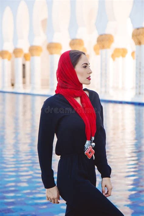 Fashion Woman In Grand Mosque In Abu Dhabi Stock Image Image Of