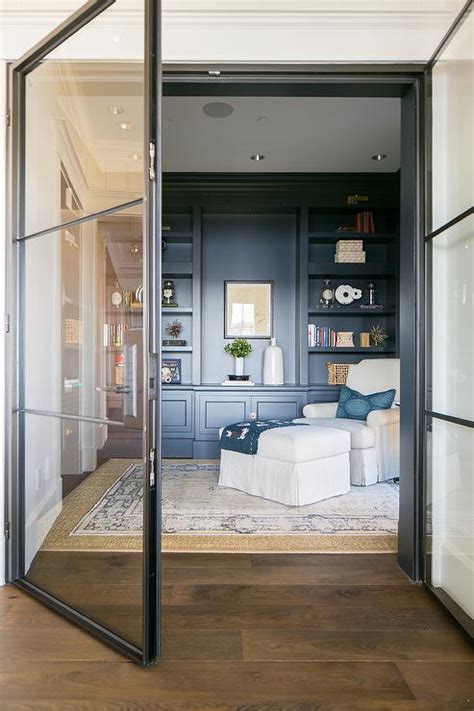 Black Aluminum And Glass Door To Home Library Transitional Den