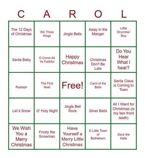 Christmas Carol Bingo Bingo Card