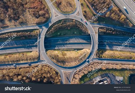 Large Road Roundabout Multiple Intersections Drone Stock Photo