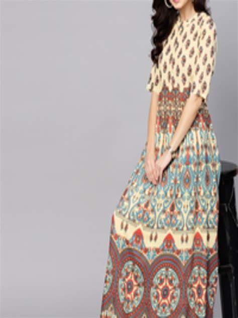 Buy Aks Women Cream Coloured And Blue Printed Maxi Dress Dresses For