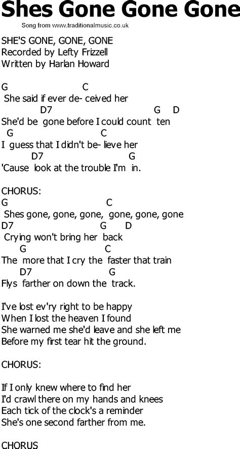 Old Country Song Lyrics With Chords Shes Gone Gone Gone