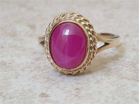 Synthetic Star Pink Ruby Ring In 9ct Gold Gems Afire Preloved
