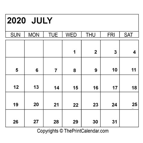 July 2020 Printable Calendar Printable Templates