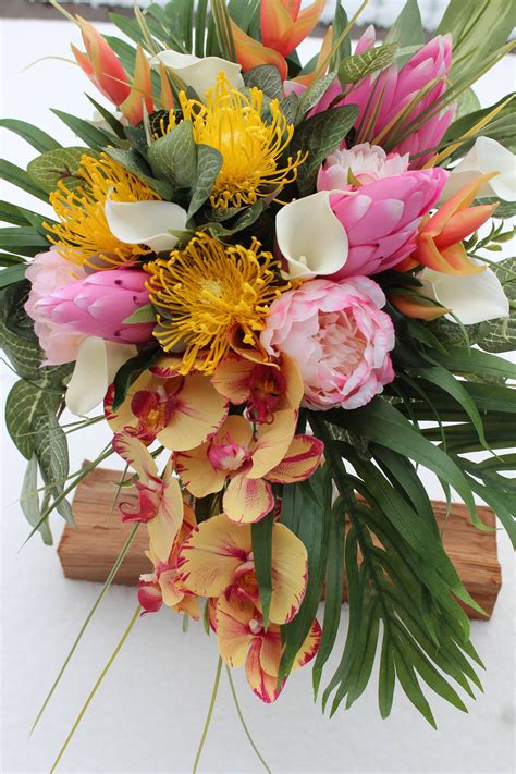 Tropical Bridal Bouquet And Matching Silk Flower Arrangements — Silk Wedding Flowers And