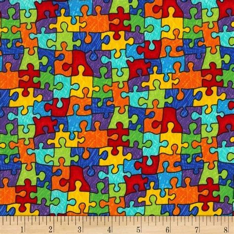 Autism Awareness Puzzle Piecesrainbow Puzzle Cotton By Timeless