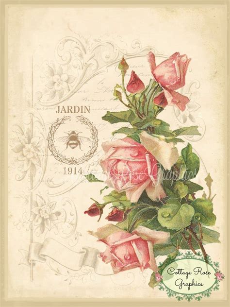 Pink Roses Vintage French Ephemera Script Jardin Single Image Etsy