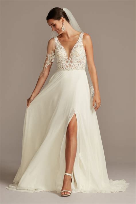 Lace Applique Illusion Chiffon Tall Wedding Dress Davids Bridal