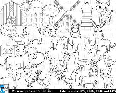 Outline Farm Animals Digital Clipart Clip Art Graphics