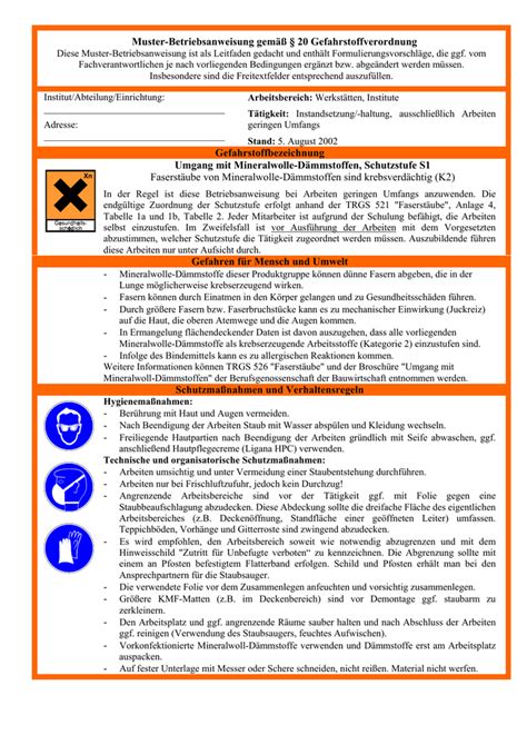 Über 2.200 betriebsanweisungen für gefahrstoffe, biostoffe, maschinen. Muster-Betriebsanweisung gemäß § 20 | Manualzz