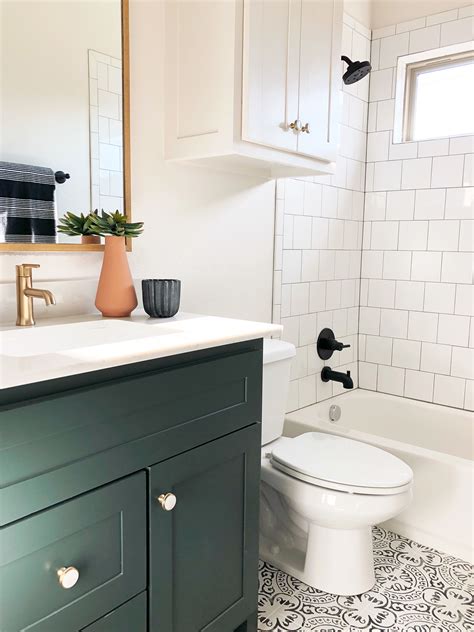 Browse our freestanding bathroom vanities to find the one that's right for you. Green bath vanity, encaustic tile, square subway tiles, a ...