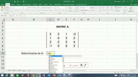 Tutorial Excel 2016 Determinante De Una Matriz Youtube