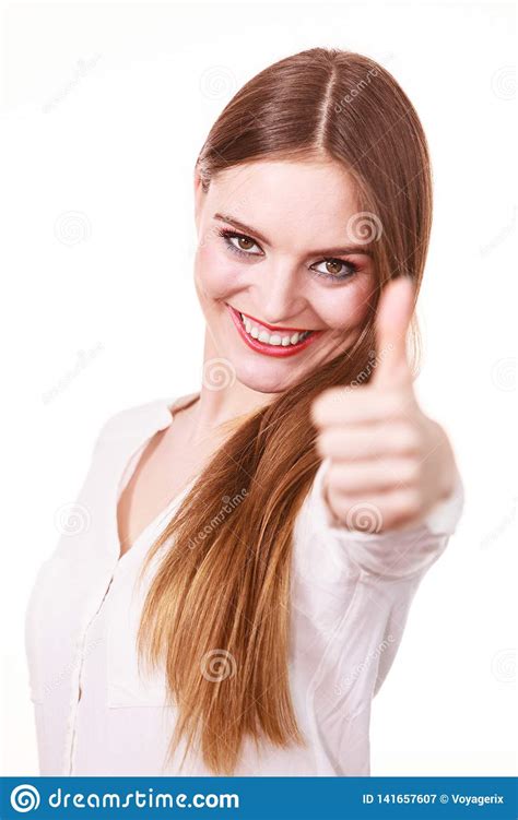 Happy Positive Brunette Woman Showing Thumb Up Stock Image Image Of