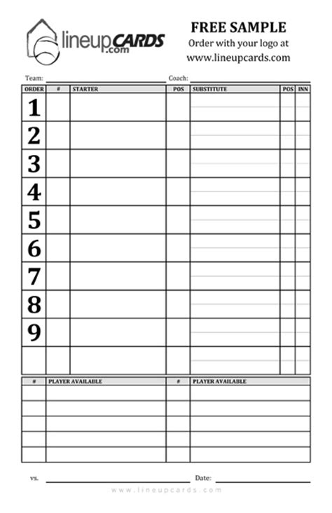 Printable Lineup Cards For Baseball Template Business