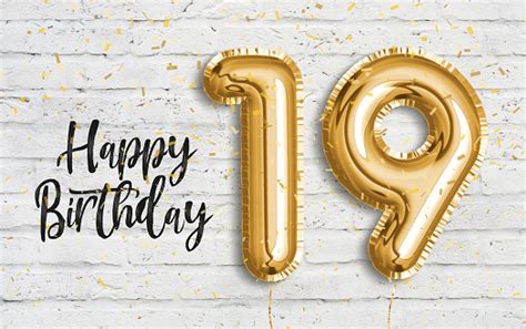 Happy 19th Birthday Gold Foil Balloon Greeting White Wall Background