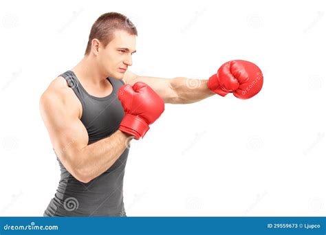 Male Boxer Punching With Red Boxing Gloves Stock Image Image Of Power