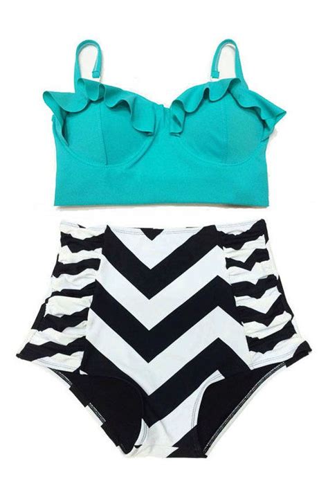 Mint Midkini Top And Chevron Highwaisted High Waisted Waist Rise High