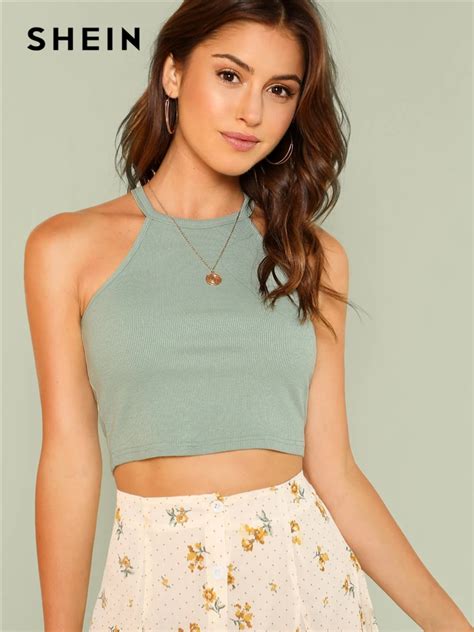 Buy Shein Steel Gray Casual Rib Knit Fitted Crop Halter Top Summer Women