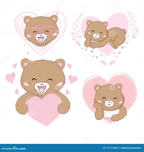 Vector Illustration Of Cute Little Teddy Bear Holding Red Heart Stock