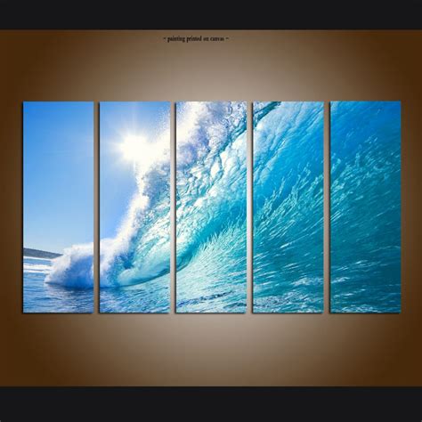 2019 Large 5 Panel Modern Beach Canvas Print Surf Ocean Wave Seascape