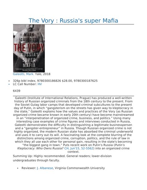 Pdf Book Review The Vory Russias Super Mafia Yale University Press 2018