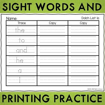 Dolch Sight Word Handwriting Practice Sheets TPT