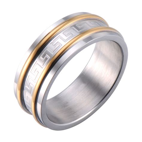 Gold is the traditional metal for wedding jewelry. Men's Ring Wedding Band Infinity Style with Greek Symbols ...