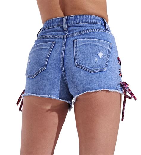 Womens High Waist Distressed Lace Denim Shorts Rips Short Size 8 10 12