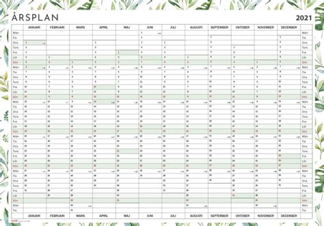 Översiktlig årskalender för 2021, datumen visas per månad inklusive veckonummer. Almanacka 2482 Årsplanering Whiteboard | AllOffice