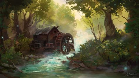The Old Mill Fantasy Cabin Fantasy Landscape Forest Drawing