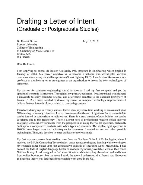 Free Printable Letter Of Intent For Graduate School Templates Word Pdf
