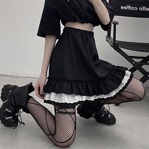 Goth Lolita Skirt Women 2021 Harajuku High Elastic Waist Lace Black