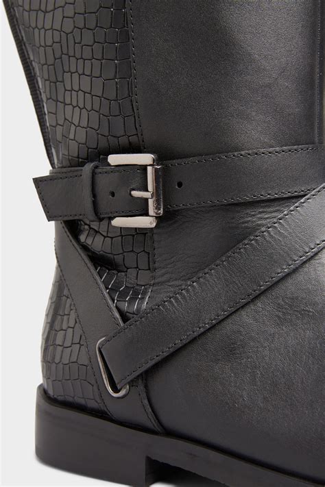 Black Leather Buckle Calf Knee High Riding Boots In Extra Wide Fit