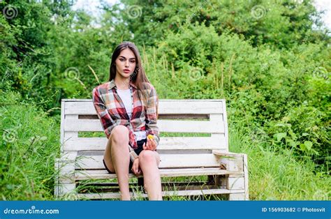 Wait For Date Time To Relax Fashion And Beauty Woman Sit On Bench Trendy Summer Look Stock