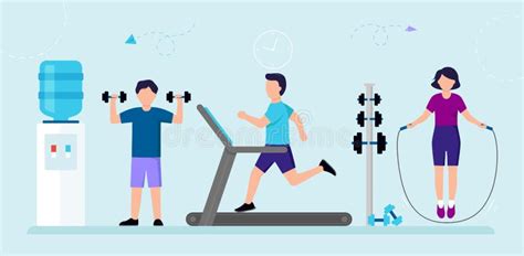 Cartoon Group Of People In Gym Exercising Male And Female Characters