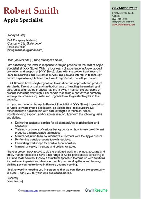 Apple Specialist Cover Letter Examples Qwikresume
