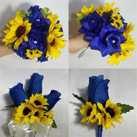 Royal Blue Rose Sunflower Bridal Wedding Bouquet Accessories Etsy