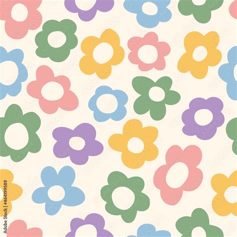 Seamless Pattern With Vintage Vector Groovy Flowers 70s 60s Modern