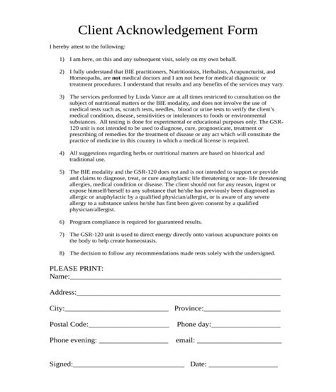 Free 6 Client Acknowledgment Forms In Pdf Ms Word