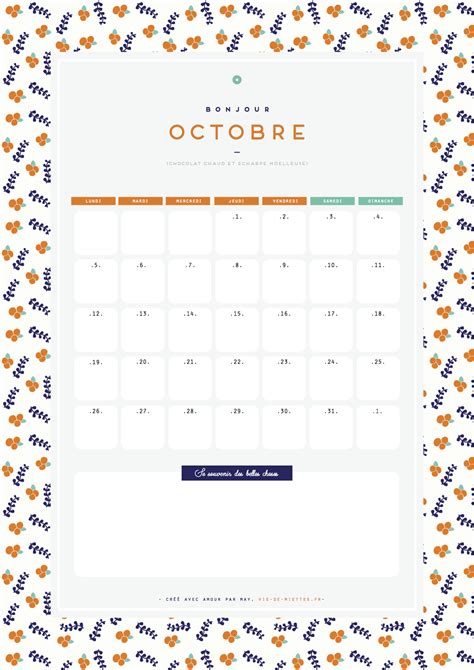 Calendriers Mensuels Octobre 2015 Gratuit à Imprimer Cest