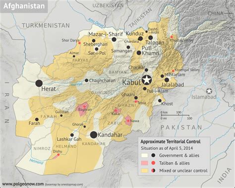 Map of afghanistan shows which districts are controlled by the taliban, contested or under government control. Afghanistan: Map of Taliban Control in April 2014 ...