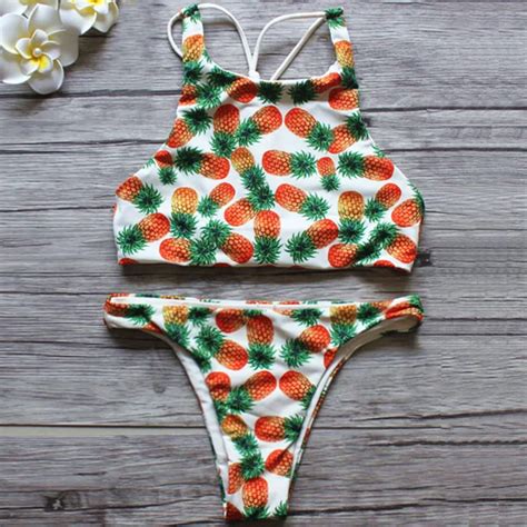 High Neck Pineapple Printed Bikini 2016 Cutest Push Up Bikini Sets Women Sexy Thongs Swimwear