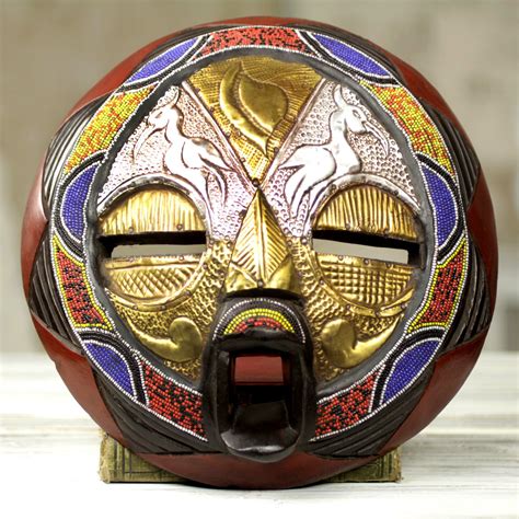Novica Bead And Brass Repousse African Wall Mask With Animal Motifs