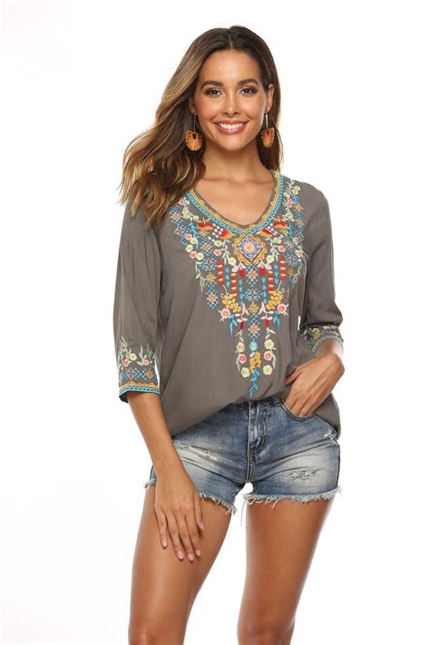 Women blouses from the best designers on yoox. 2019 Women Floral Embroidered Blouses Mexican Ethnic Boho ...