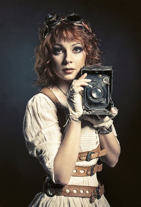 Beautiful Steampunk Girl With Old Camera Stock Photo Image