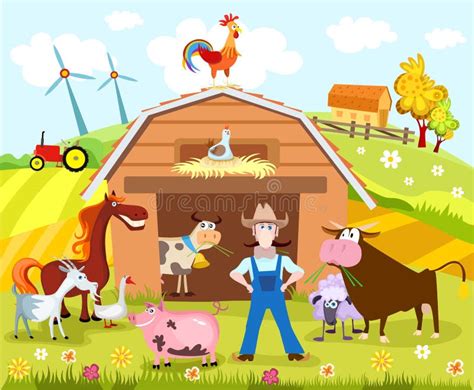 Cartoon Rural Scene With Farm Animals Stock Vector Illustration Of