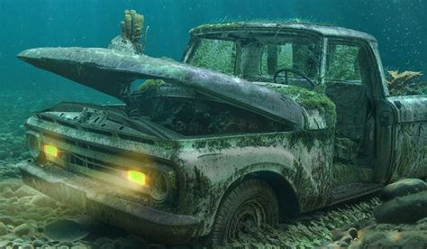 An Old Pick Up Truck With A Surfboard On Its Hood In The Ocean